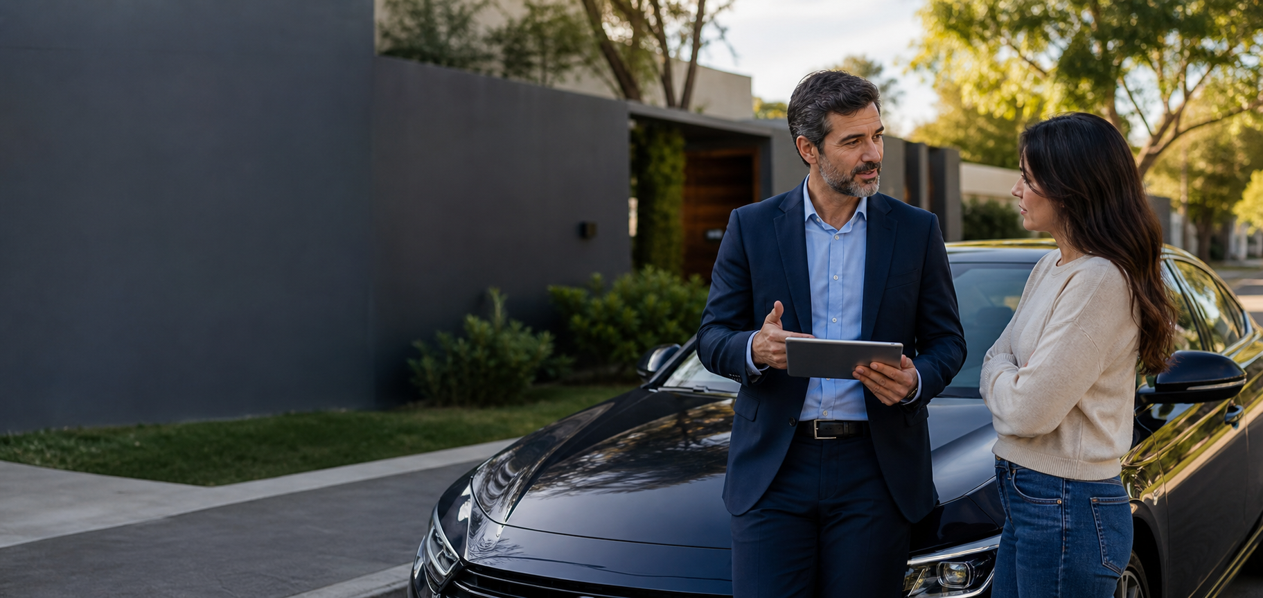 Corretor explicando seguro auto para cliente