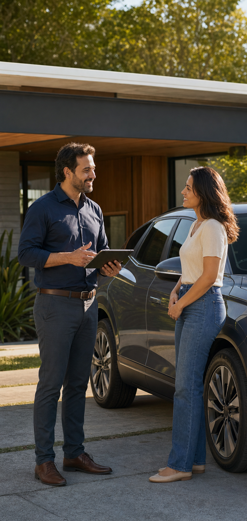 Corretor orientando cliente ao lado de um automóvel